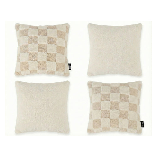 4 Delige Kussenset Fleece - Crème/Beige - Inclusief binnenkussens & Rits