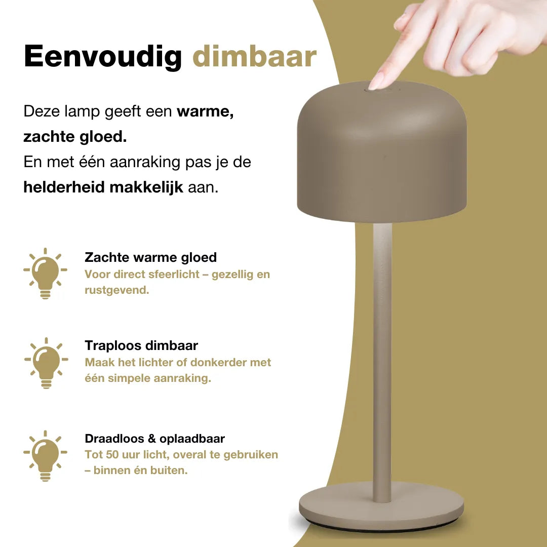 Finley - Tafellamp oplaadbaar - Draadloos en dimbaar - Grijs-bruin