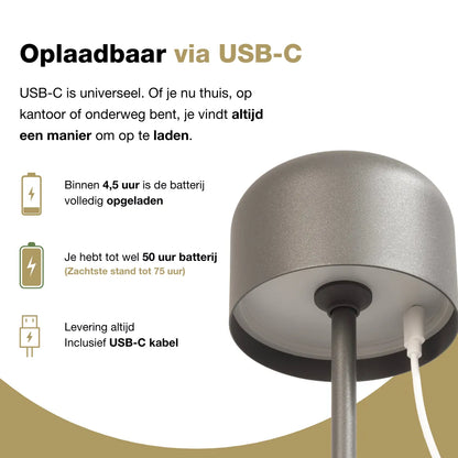 Finley - Tafellamp oplaadbaar - Draadloos en dimbaar - Grijs-bruin