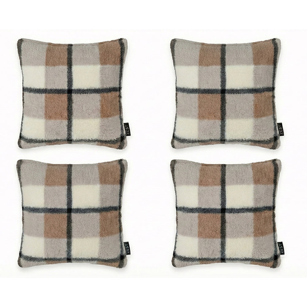 4 Delige Kussenset Fleece - Camel / Grijs / Crème Ruit - Inclusief binnenkussens & Rits