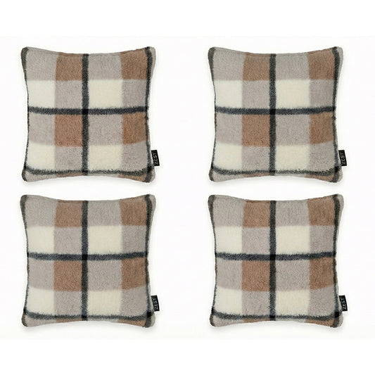 4 Delige Kussenset Fleece - Camel / Grijs / Crème Ruit - Inclusief binnenkussens & Rits